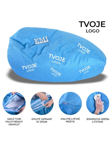 Sedací vak hruška semišová modrá s vlastným logom EMI