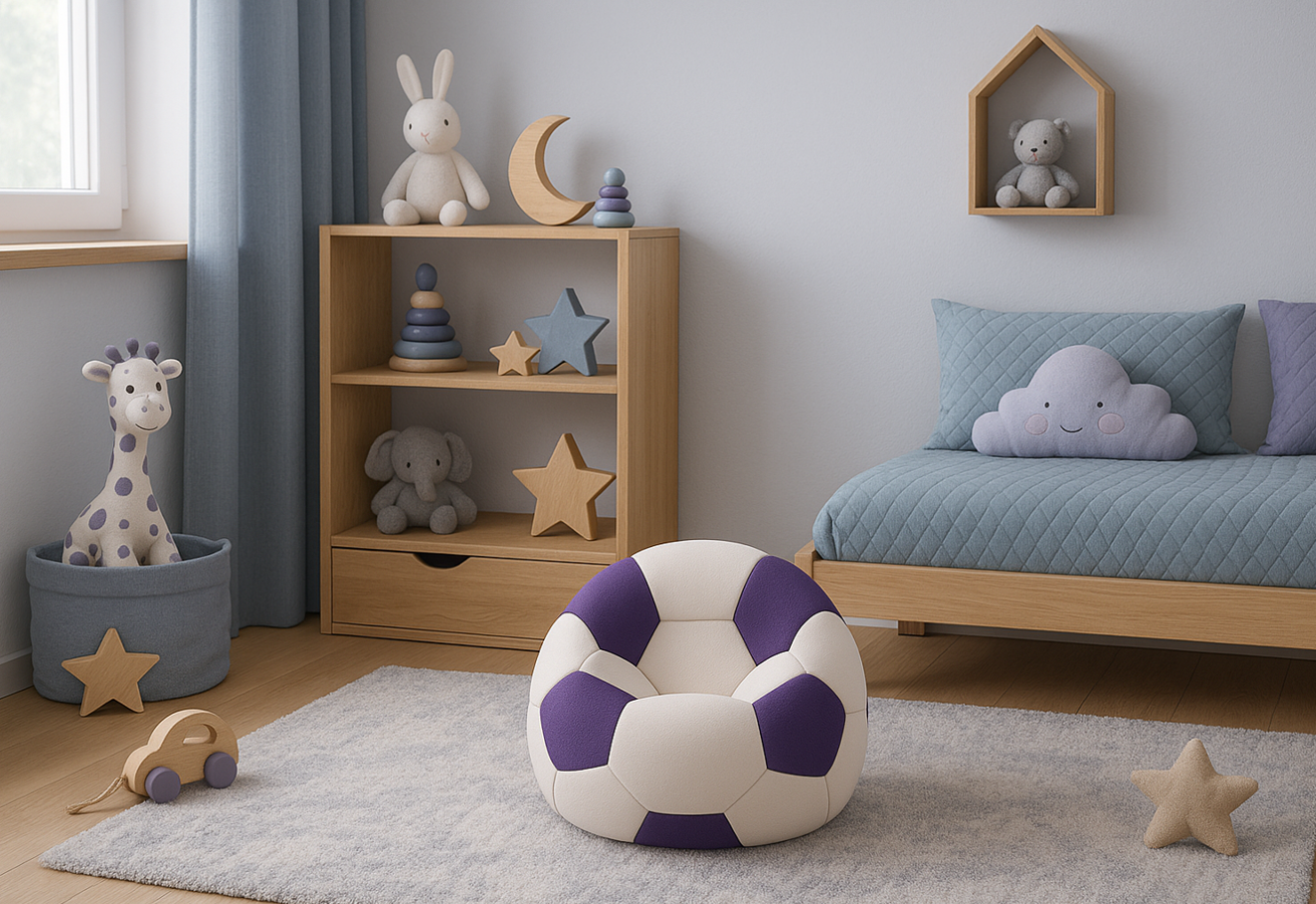 EMI focilabda mintás fehér-lila műbőr babzsákfotel