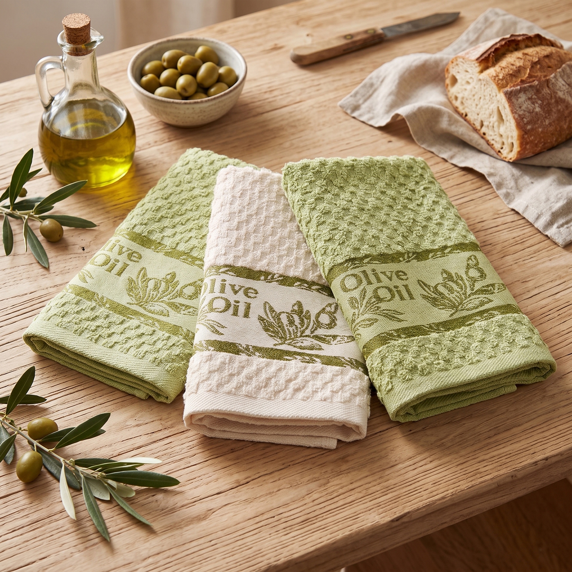 Bavlnena_frote_utěrka_Olive_Oil_40x60_cm_kremova_s_olivovym_vzorom